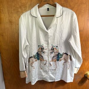 White Equestrian Horse Rodeo Button Down Pajama Top Satin XL Plaid Western Y2K